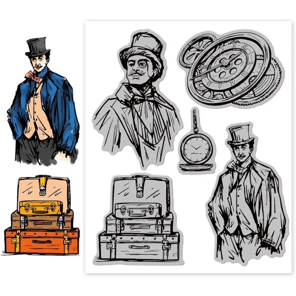 Gentleman Cling Rubber Stamps Clock Pocket Watch Suitcase Script Vintage Stamps for Featival Birthday Cards Making DIY Scrapbook