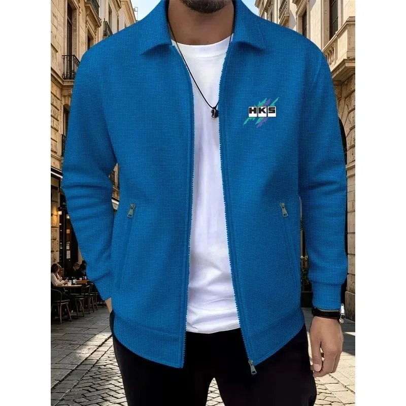 Autumn Men Waffle Knit Lapel Zipper Jacket HKS Graphic Print Casual Street Coat Men Long Sleeve Car Racing Tuning Outerwear view 3