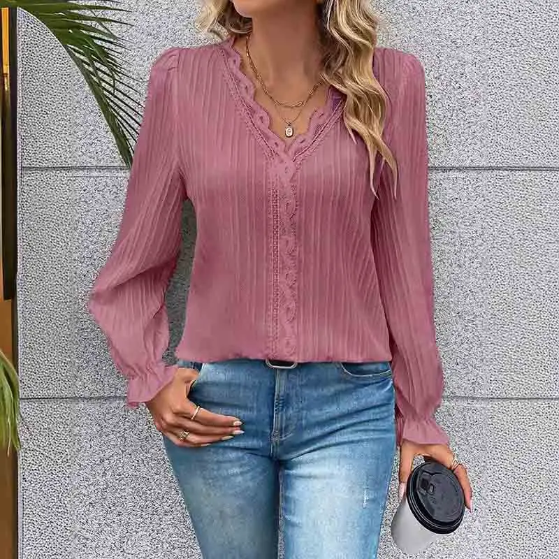 Elegant Green Office Lady Long Sleeve Shirts Fashion Black Blouse Spring Autumn V-neck Lace Tops Blouse for Women 2024 New Tees