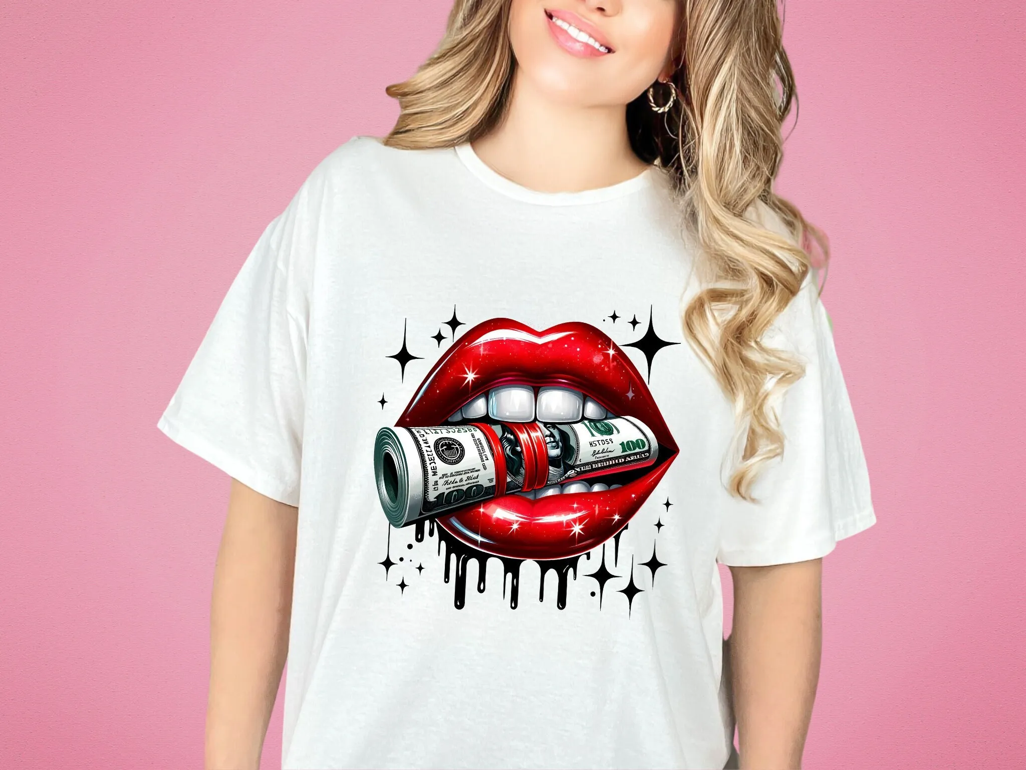 Glossy Lips Money T Shirt 100 Dollar Bill PrinT for Men and Women DTG Top with Unique Design Idea