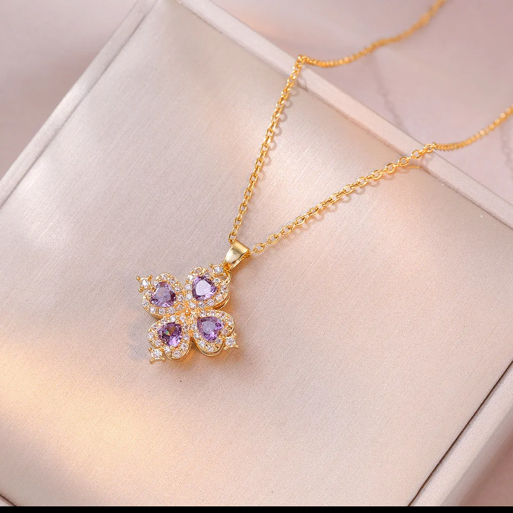 Sweet Rotating Flower Purple Zircon Pendant Necklace Ring Set for Women Girls Stainless Steel Chain Party Accessories Jewelry