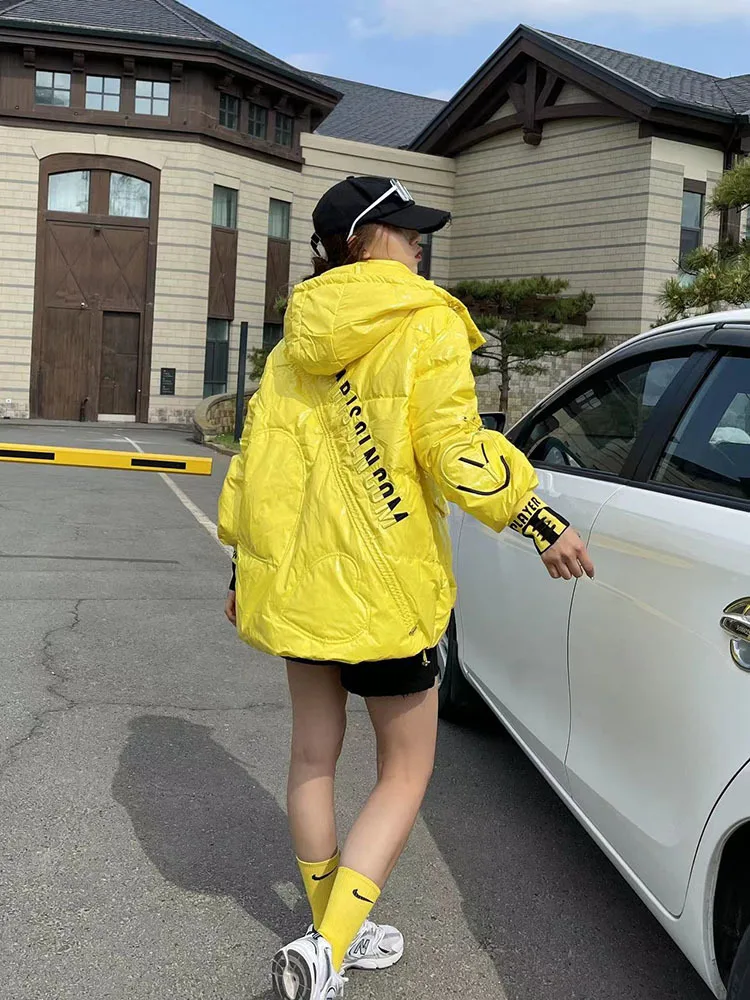 Korean Fashion Winter Short Jacket Women Waterproof Shiny Candy-Colored White Duck Down Coat Female Loose Hooded Parker Overcoat