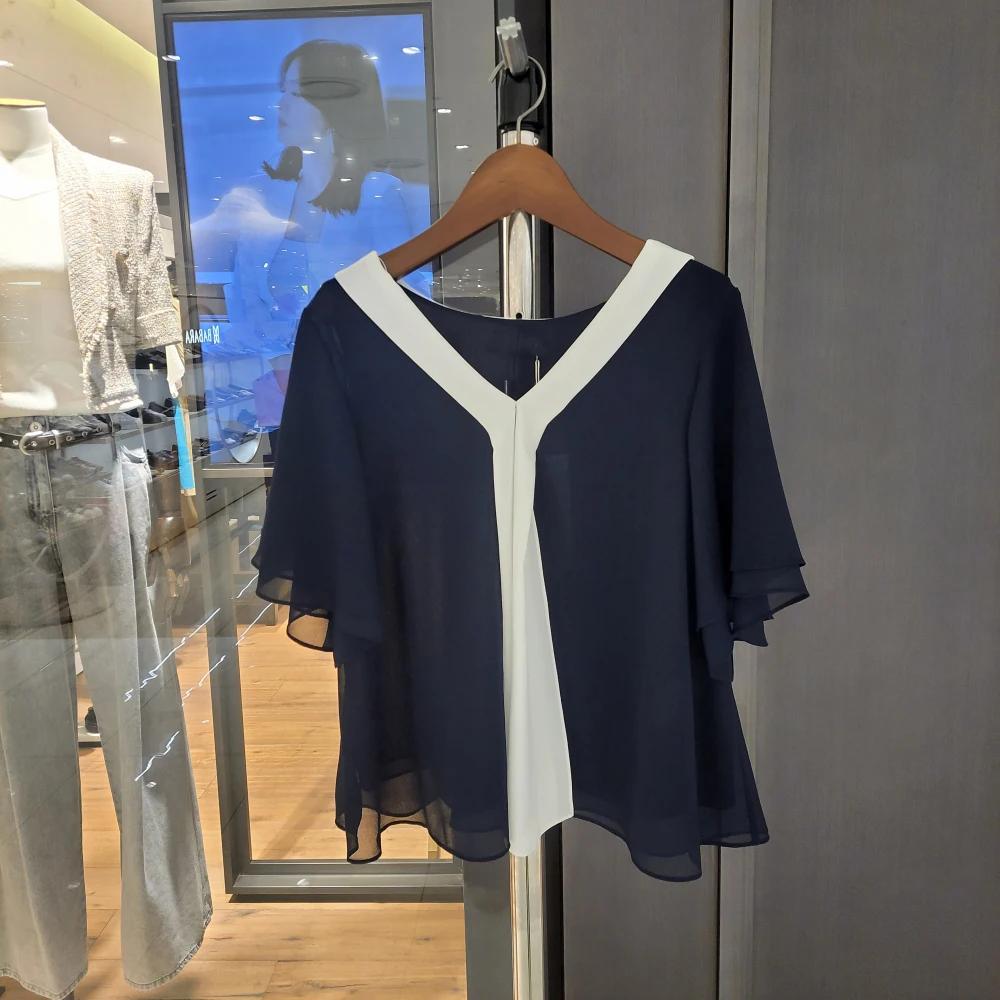 

Elegant Draped V-Neck Sleeve Loose Lightweight Shirt Women's Fashion Summer Breathable Polyester Fiber Short Sleeve