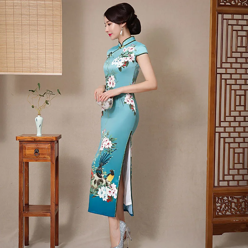 Cheongsam longo de camada dupla para mulheres, vestido de manga curta, desfile de passarela, cheongsam, estilo chinês, vestido yourqipao, 2023