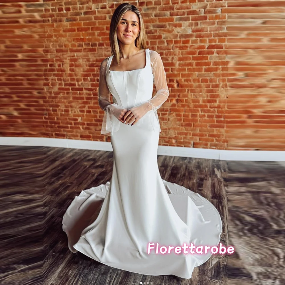 

Elegant Wedding Dresses Long Sleeves Pearls Mermaid Square Collar Bridal Gowns Luxury Robes Vestidos De Novia Customized