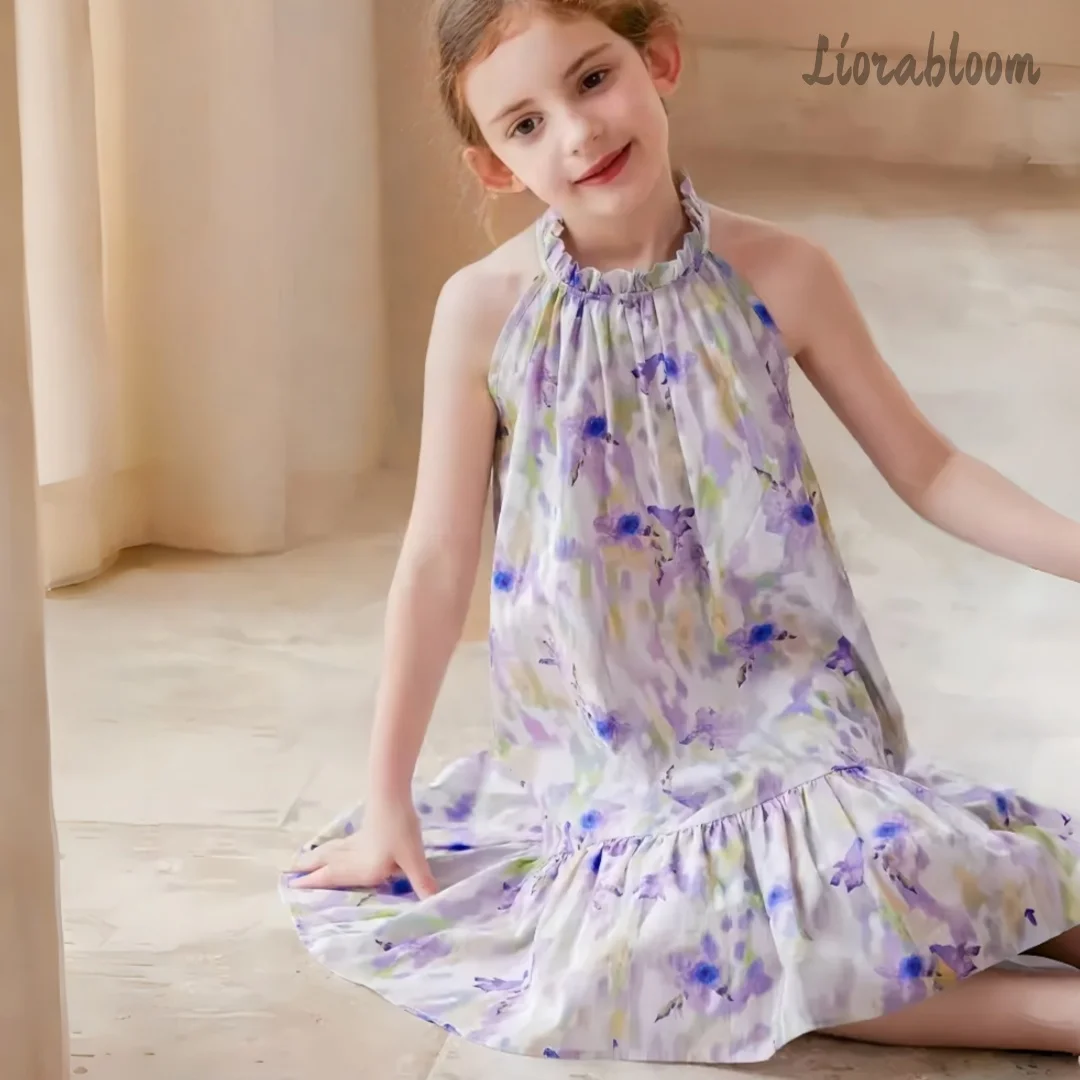 Floral Print Princess Dress Halter Neck Casual Dress deal for Flower Girls Parties Elegant Formal Occasions Weddings