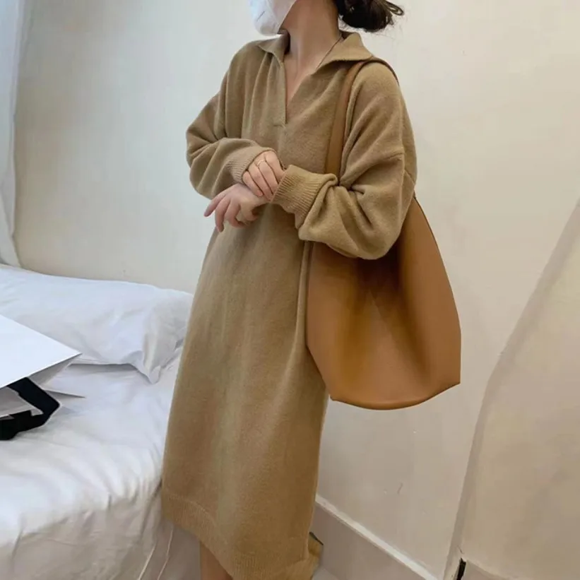 

Knitted Dress 2024 Early Autumn New Korean Style Solid Color Casual Loose Thin Sweater Dress Long POLO Base Skirt Female LJ656