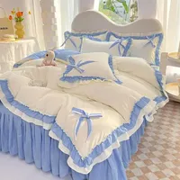 Korean Princess Fengshui Washed Cotton Double Layer Lace Bed Skirt Girl Heart Quilt Cover Sheet Dormitory Three-piece Set