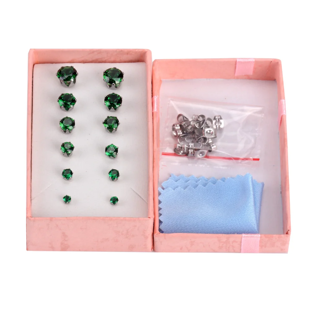 LUXUSTEEL 6 Pairs 3-8MM Green Zircon Crystal Stud Earring Set For Women Men Round Flower Colorful Rhinestone Piercing Earrings