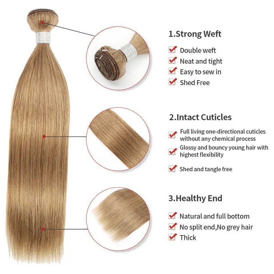 Color #8 Ash Blonde 3/4 Bundles Straight Double Weft Human Hair Bundles Brazilian Remy Hair Weave Extension 10-26 Inches