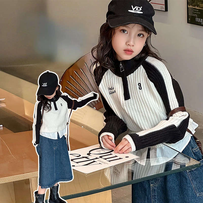 

2024 Kids Clothes for Baby Girls Black and White Patchwork Fake Two-piece Sweaters Half Zipper Sweater Teenager Knitted Sweater