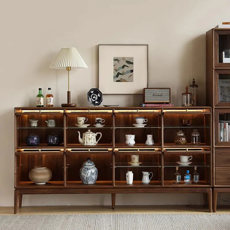 All solid wood tea set, porcelain glass, lighted display cabinet, black walnut flip door, restaurant figure