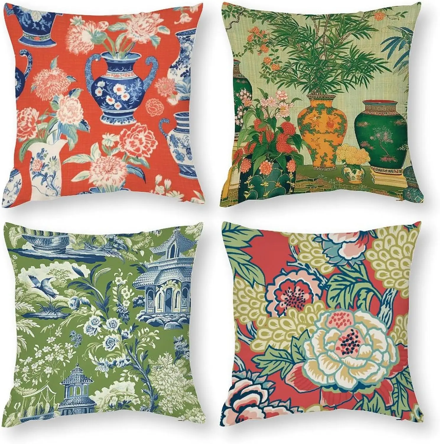 4Pcs Chinoiserie Throw Pillow Chinese Porcelain Vase Peony Pagoda Bamboo Floral Print Cushion Cases for Oriental Living Room
