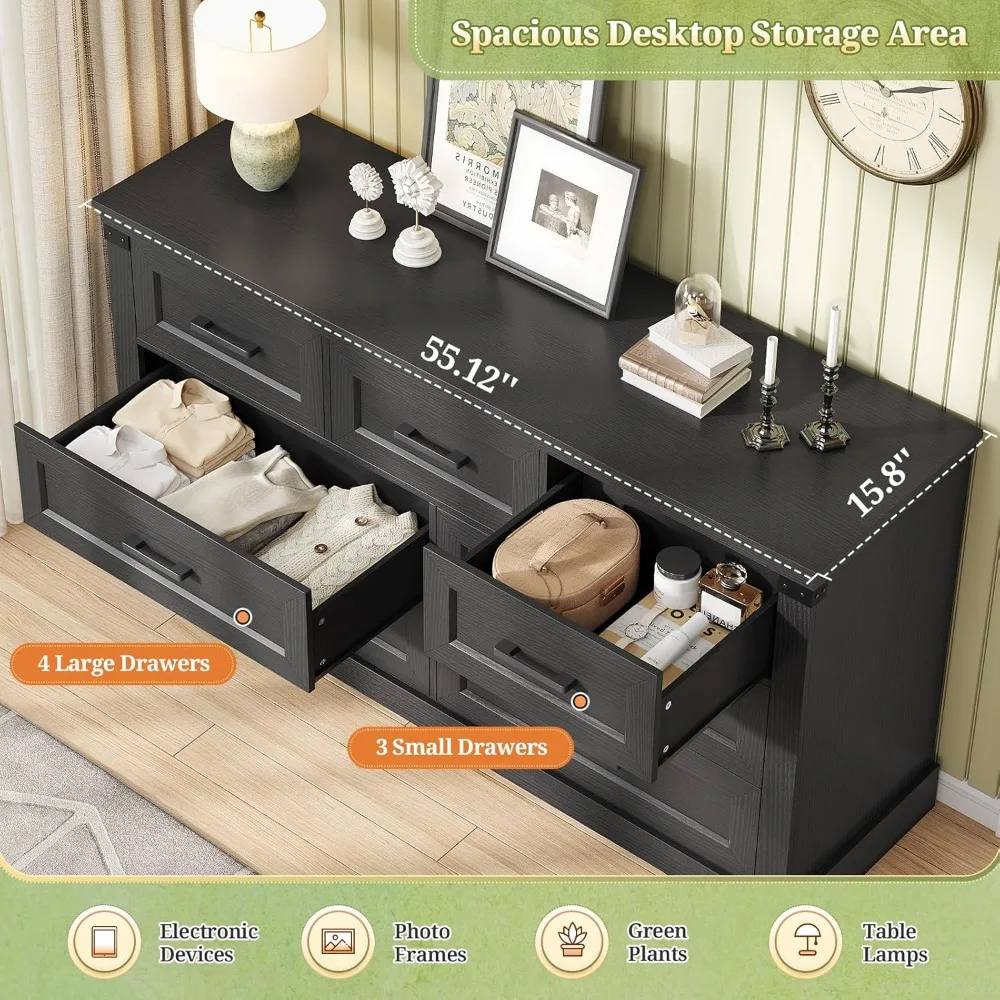 

Black Bedroom Dressing Table, Farmhouse Style, 7 Drawers, Customizable