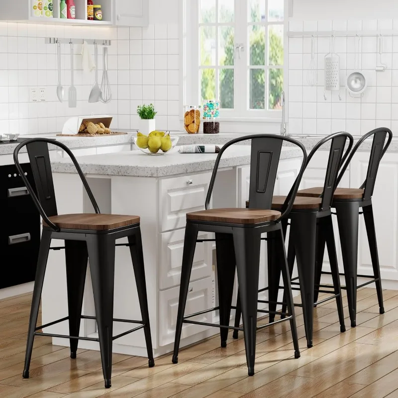 Barstools Set of 4 Counter Height for Kitchen Island Farmhouse Metal High Back Bar Chairs Wooden Seat 24" Matte Black