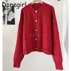 Donegirl Autumn Winter New 2024 Women Single-breasted Knitted Sweater Commute Cardigan Solid Simple Short Coat Female Tops Chic