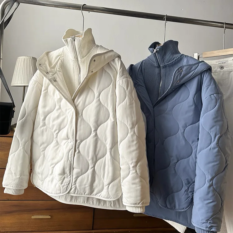 

Casual Loose Fit Hooded Jacket Cotton Outerwear Knitted Patchwork Stand Collar Women's Winter Coat Minimalist Style Commute