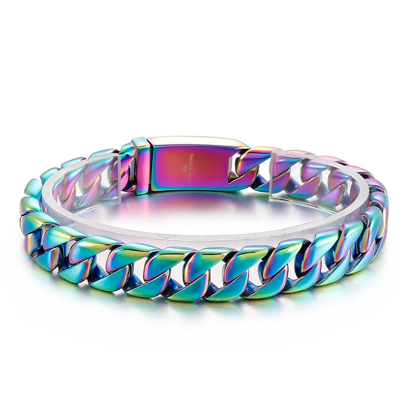 

12mm Punk Rainbow Cuban Curb Chain Bracelet Men Women Hiphop Retro Blue Gold Color Stainless Steel Bike Biker Bangle Jewelry