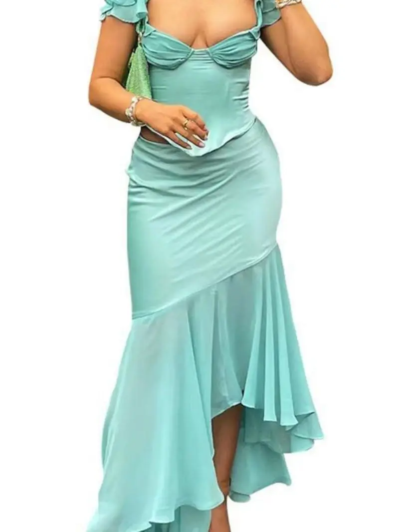 Women Fashion Clothing Designers Factory Oem Custom Jade Ruffle Maxi Skirt Sexy Ladies Prom Skirt