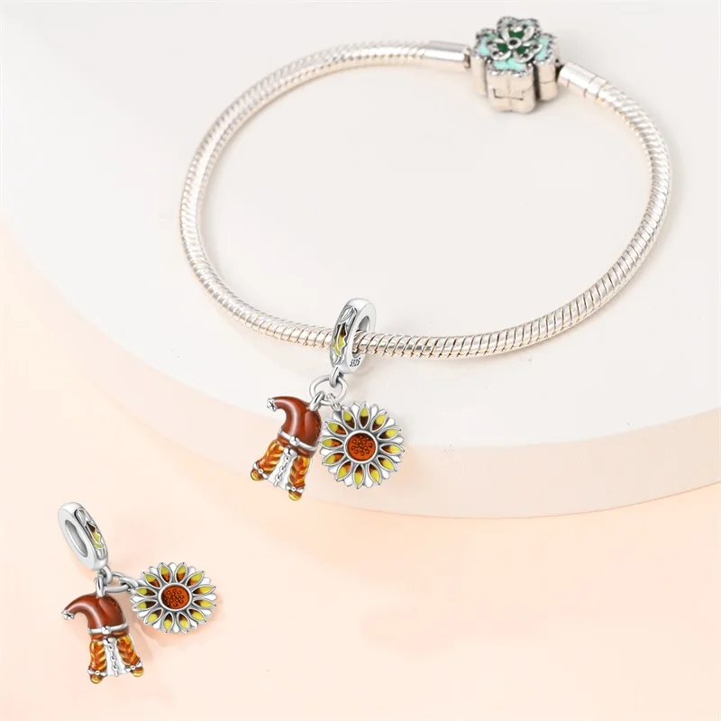 Hot Sales 925 Sterling Silver Autumn Harvest Sunflower Two‑Piece Set Charm Pendant Fit Original Bracelet DIY Women Jewelry Gifts