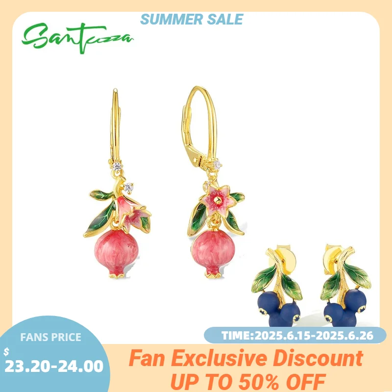 

SANTUZZA 925 Sterling Silver Drop Earrings For Women Sparkling Enamel Blueberries Pomegranate Lovely Fruits Party Fine Jewelry