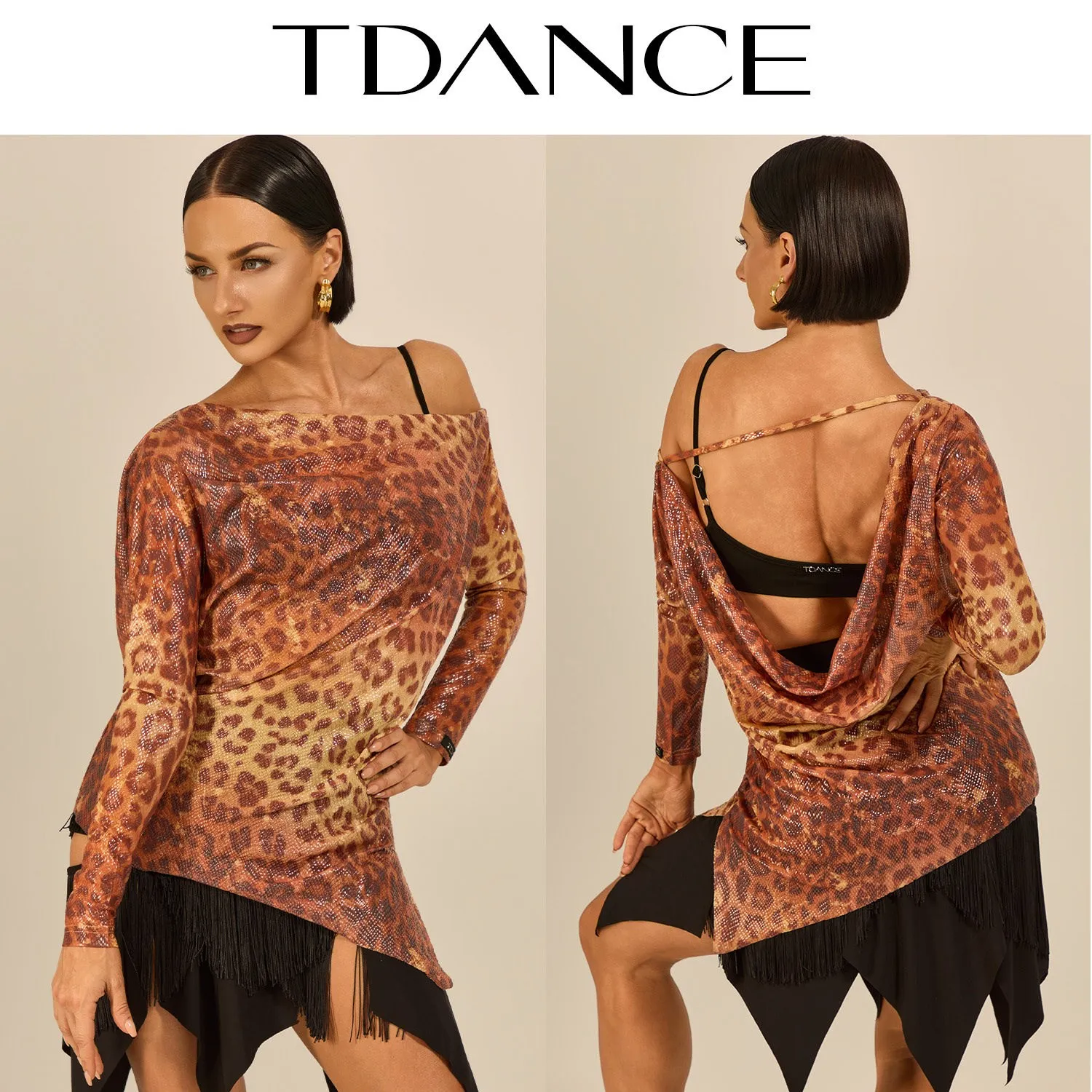 

New Latin Dance Costume Women Long Sleeves Backless Leopard Tops Adult Rumba Tango Chacha Dancing Performance Costume SS2645