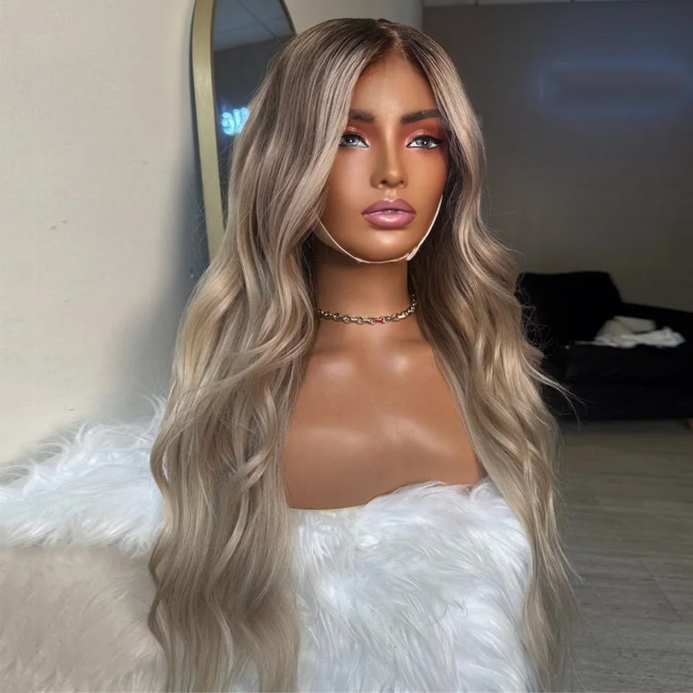 

Dark Long Rootage Creamy Blonde Lace Front Wig for Women Long Curly Wavy Wig Heat Resistant Hair Synthetic Wigs for Daily Party