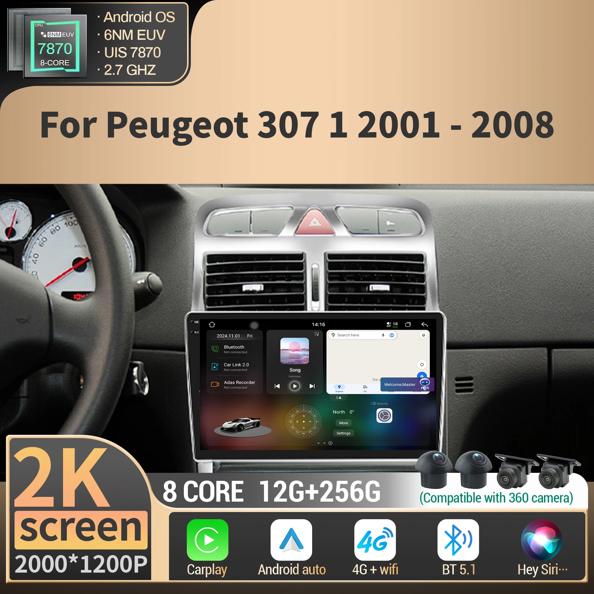 

For Peugeot 307 1 2001-2008 Wireless BT Carplay Radio Multimedia Player Car Android 4G GPS CPU 7870 2K QLED Screen Stereo
