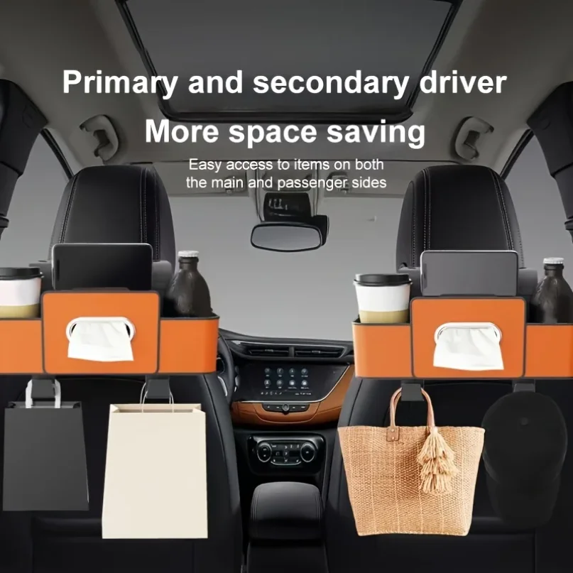 

Car Seat Organizer with ABS Box & Tissue Holder. Double Storage for Snacks/Drinks. Easy Install, Durable Resin for All Cars.