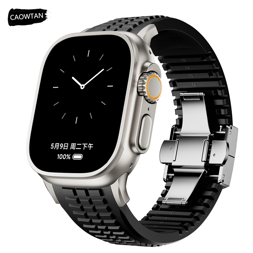 Sports Silicone Band for Apple Watch Ultra 2 49mm 46mm 45mm 44mm Luxury Metal Bracelet for iWatch Series 10 9 8 7 6 5 4 Se Strap