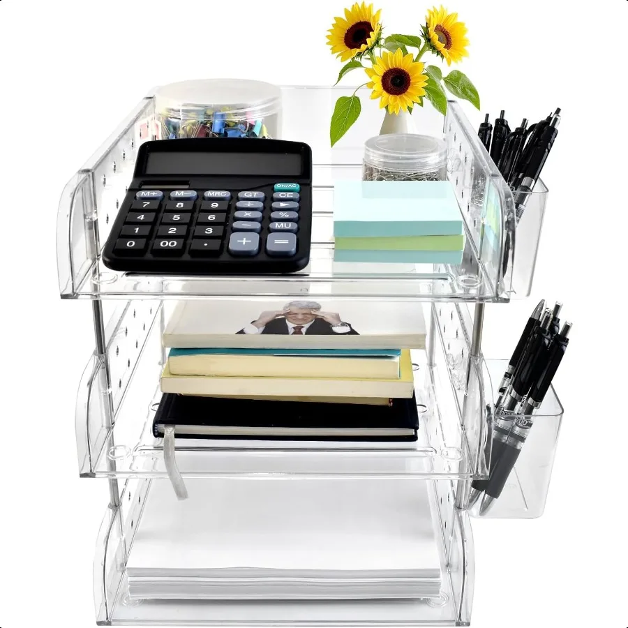 

3 Tier Desktop File Organizer Acrylic Clear Stackable Desktop Paper Organizer Letter Tray Shelf with Pen Holder Pegboard Shelf
