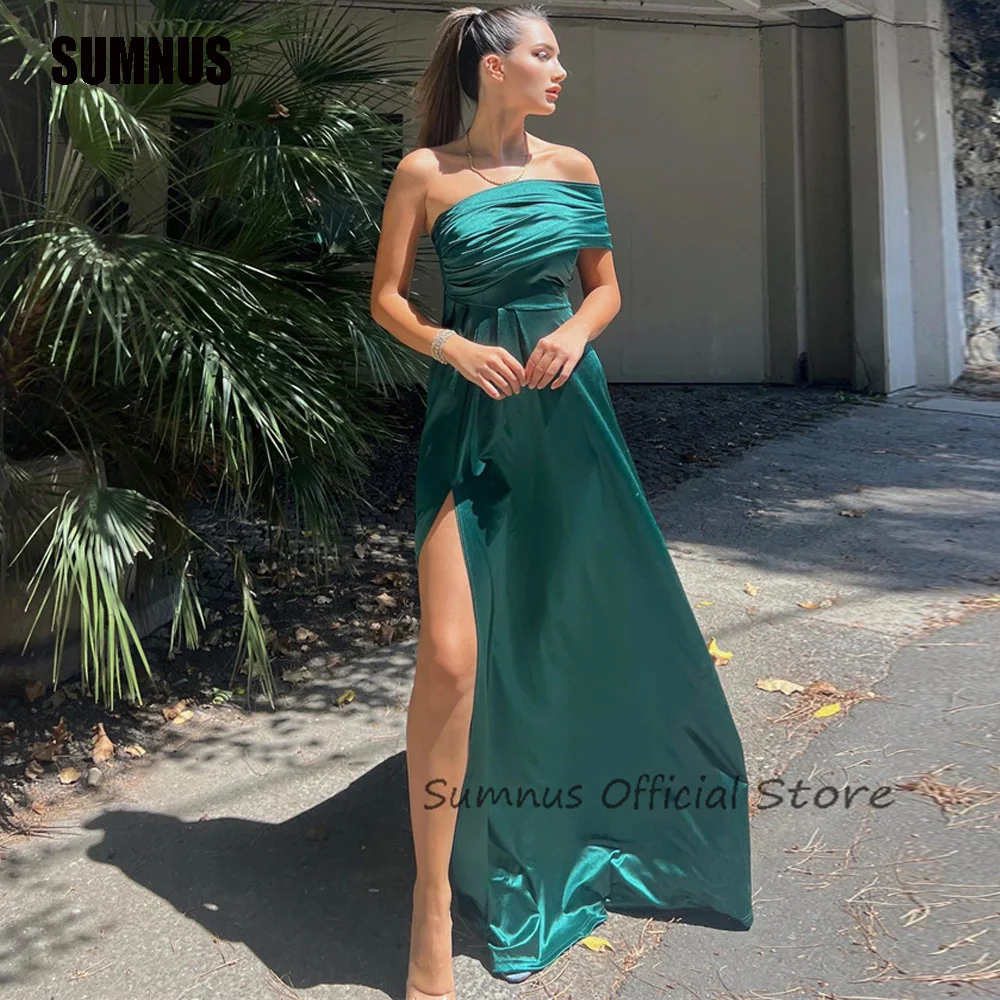 

SUMNUS Green One Shoulder Bridesmaid Long A Line Evening Dresses Wedding Party Dress For Women Sexy Slit Pleat Simple Prom Gowns