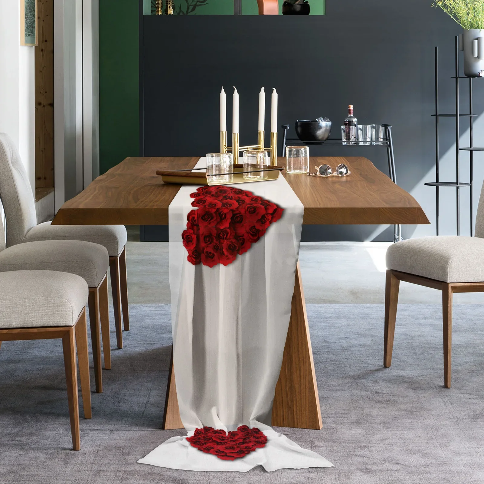 Valentine Love Red Rose Petals Sheer Chiffon Table Runner Country Wedding Party Birthday Tulle Voile Table Cloth Home Decoration