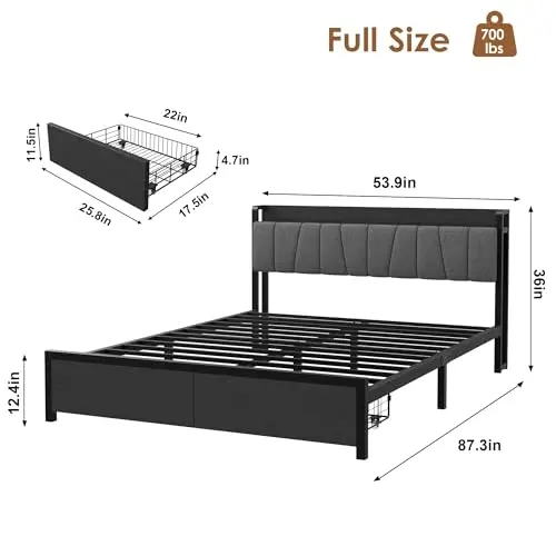 Full Size Bed Frame with Storage Drawers and Charging Station, Platform Bed with Upholstered Headboard, Metal Slats Support, No