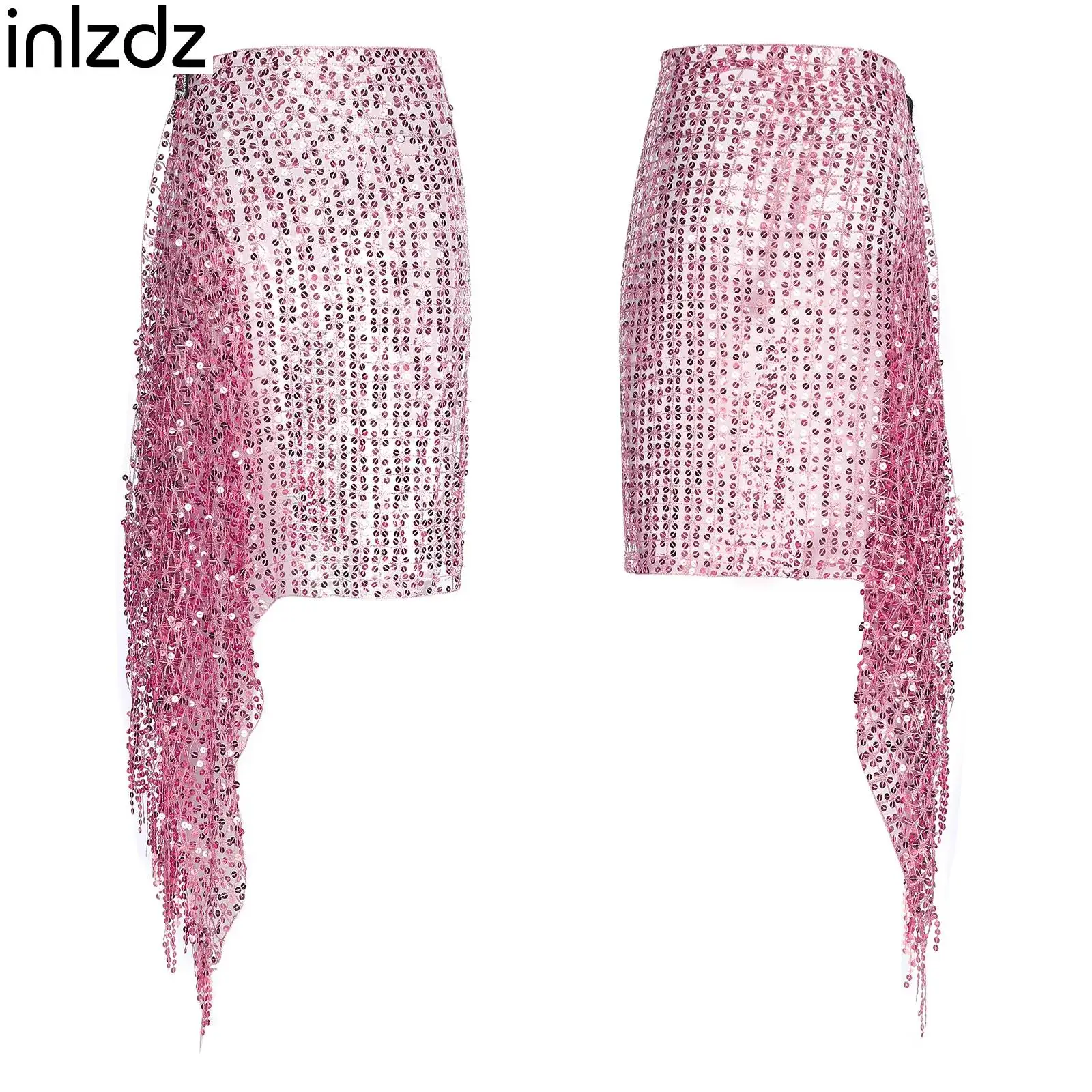 

Womens Belly Dance Latin Salsa Glittery Sequin Hip Scarf with Rhinestone Star Clip Self-tied Tassel Trims Hip Skirt Waist Chain