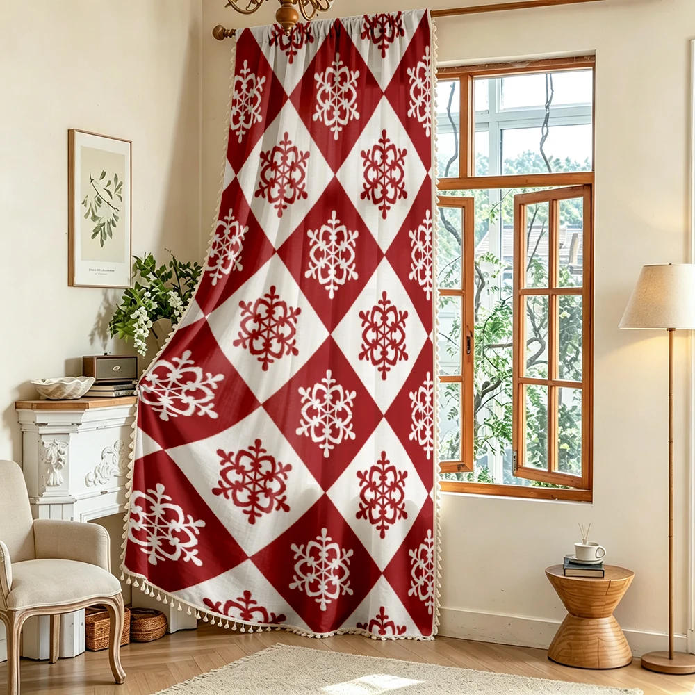 1PC Retro Style Tassel Sheer Curtains, Red White Diamond Snowflake Plaid Pattern, Digital Print, Linen Polyester, Home Decor