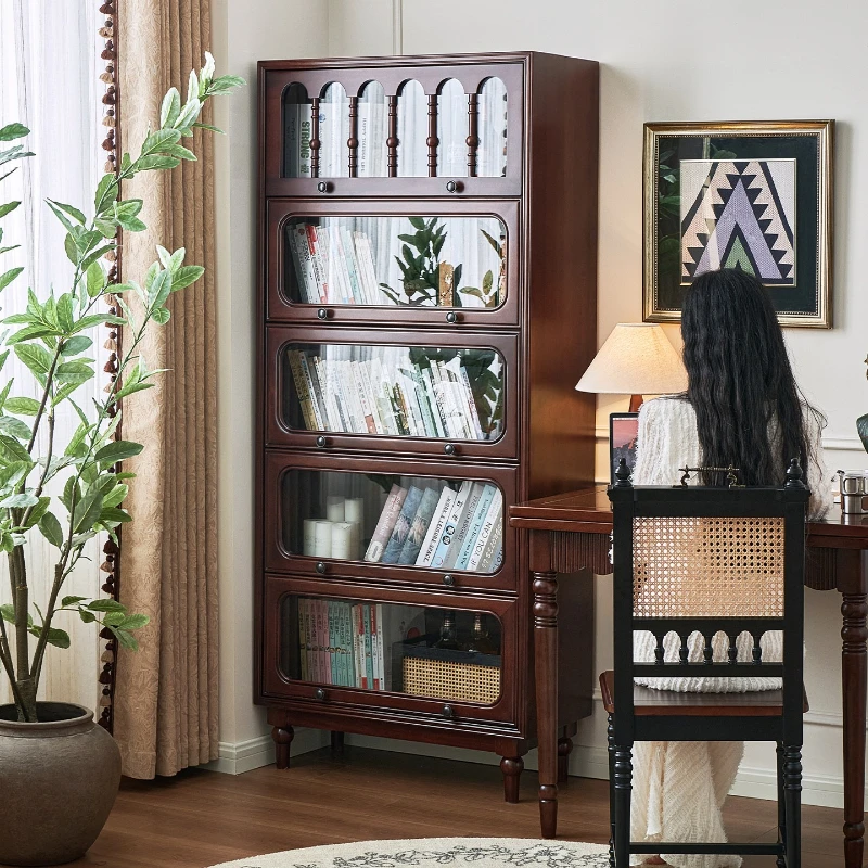 

French medieval solid wood bookcase, all solid wood walnut wood home living room display cabinet, integrated combination