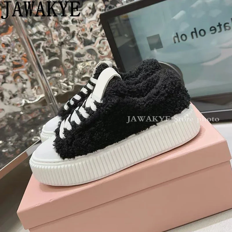 2024 Winter Thick Sole Hairy Fur Flat Shoes Women Brand Round Toe Lace Up Plush Sneakers Casual Warm Wool Platform Shoes Female