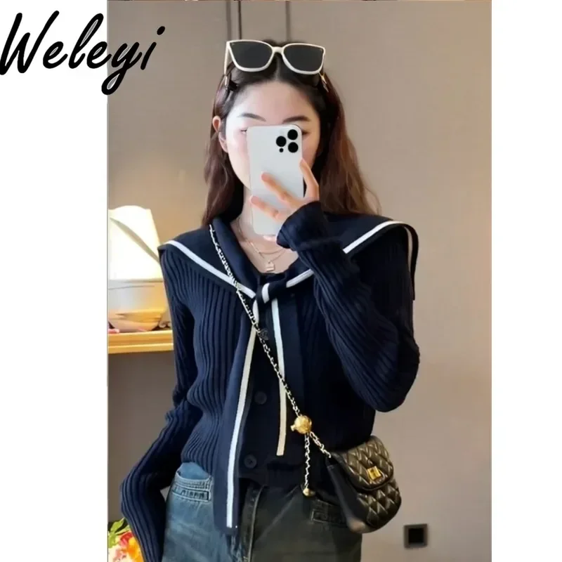 

Gentle Navy Neck Dark Blue Knitted Top Woman Cutecore Cardigan Mujer 2024 Autumn New Soft Waxy Long Sleeve Knitwear Pulls Chauds