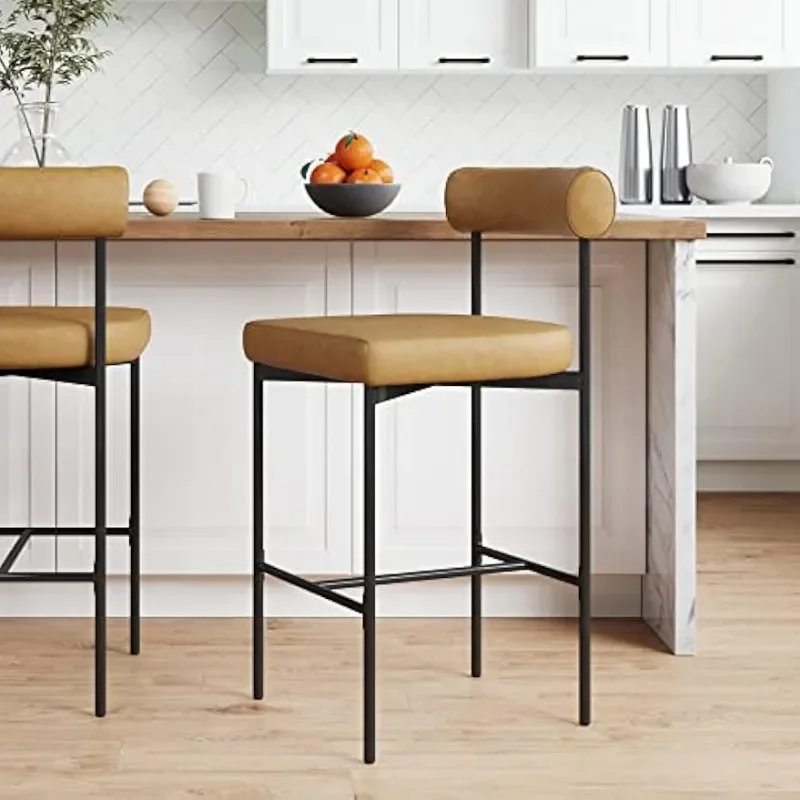 Counter Height Chair, Modern Barstool with Back, Mid-Century Metal Legs and Leather Padded Cushion for Kitchen, Island and Bars