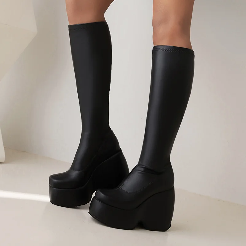 ANNYMOLI Women Pu Leather Strech Boots Knee High Boots Platform Wedges Sqaure Toe Fashion High Heel Shoes Winter Black 34-43