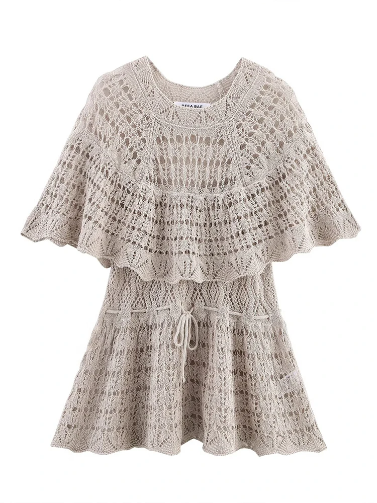 

European style new women's fashion temperament layered decorative jacquard mesh round neck drawstring waist knitted top