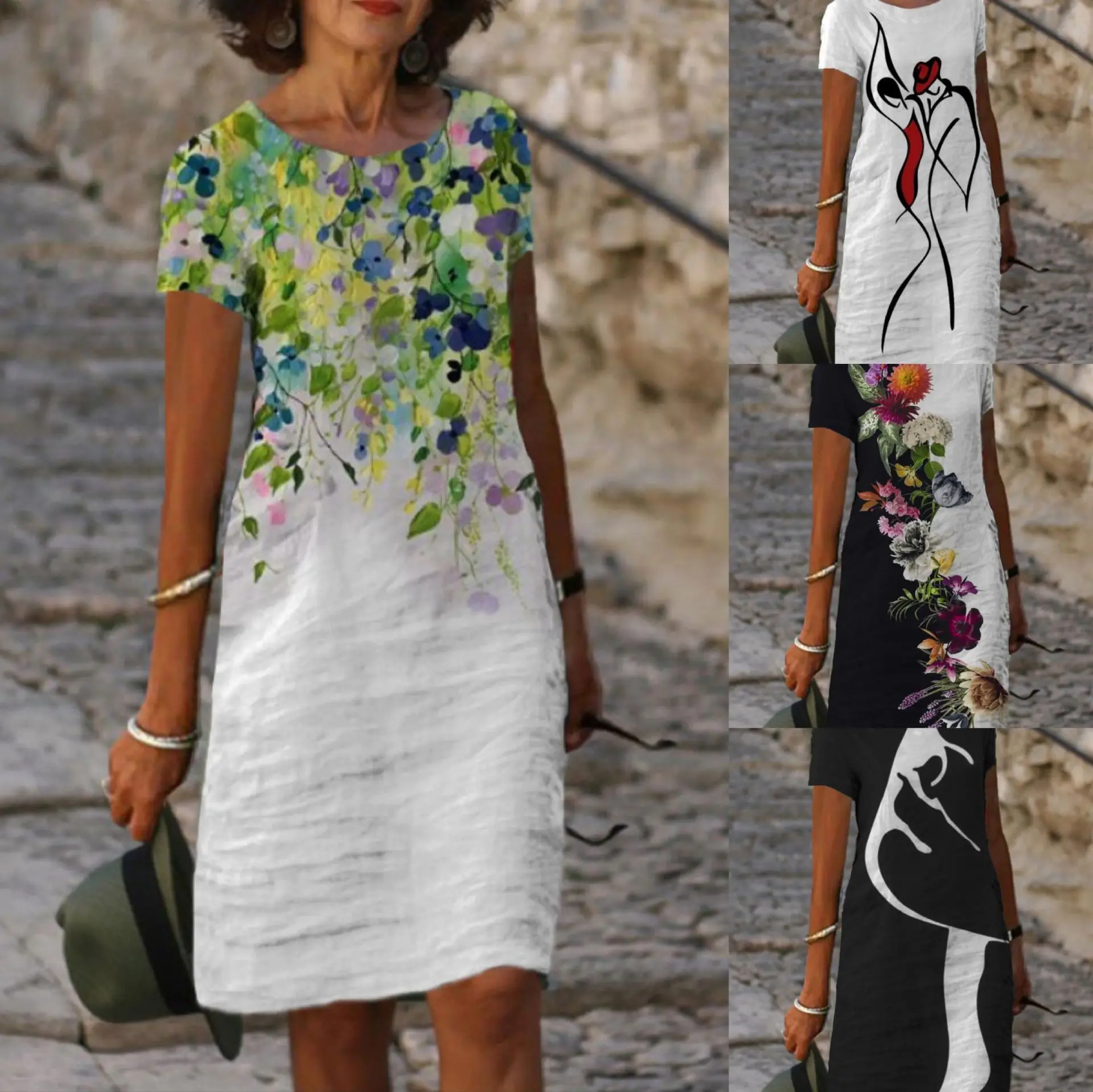 

New Fashion Summer Women O-Neck Loose Vintage Dress Large Big Printed Boho Spring Casual Party Elegant Dresses Plus Sizes