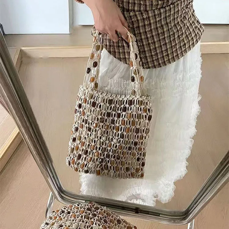 Women's Hand Woven Shoulder Bag French Casual Fashion Retro Vacation Style Colorful Beading Design Hollow Out Rectangle Handbags