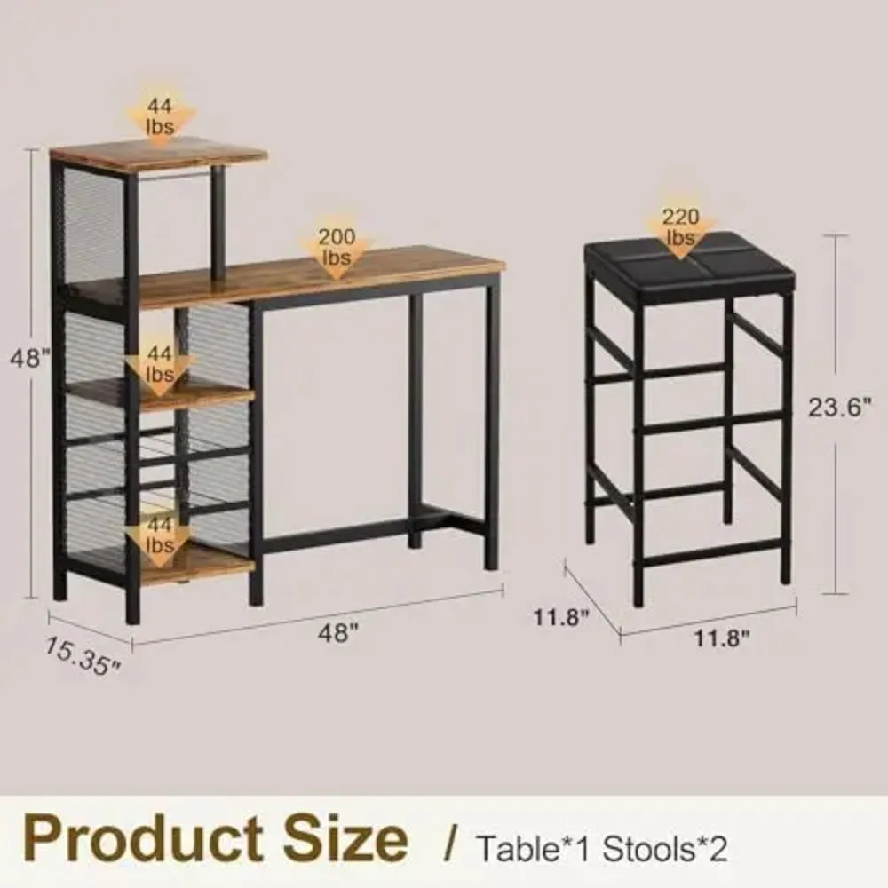 Bar Table and Chairs Set for 2, 3-Piece Dining Set with Storage Shelves, Cup Holder & Wine Rack, PU Leather Cushion image 2