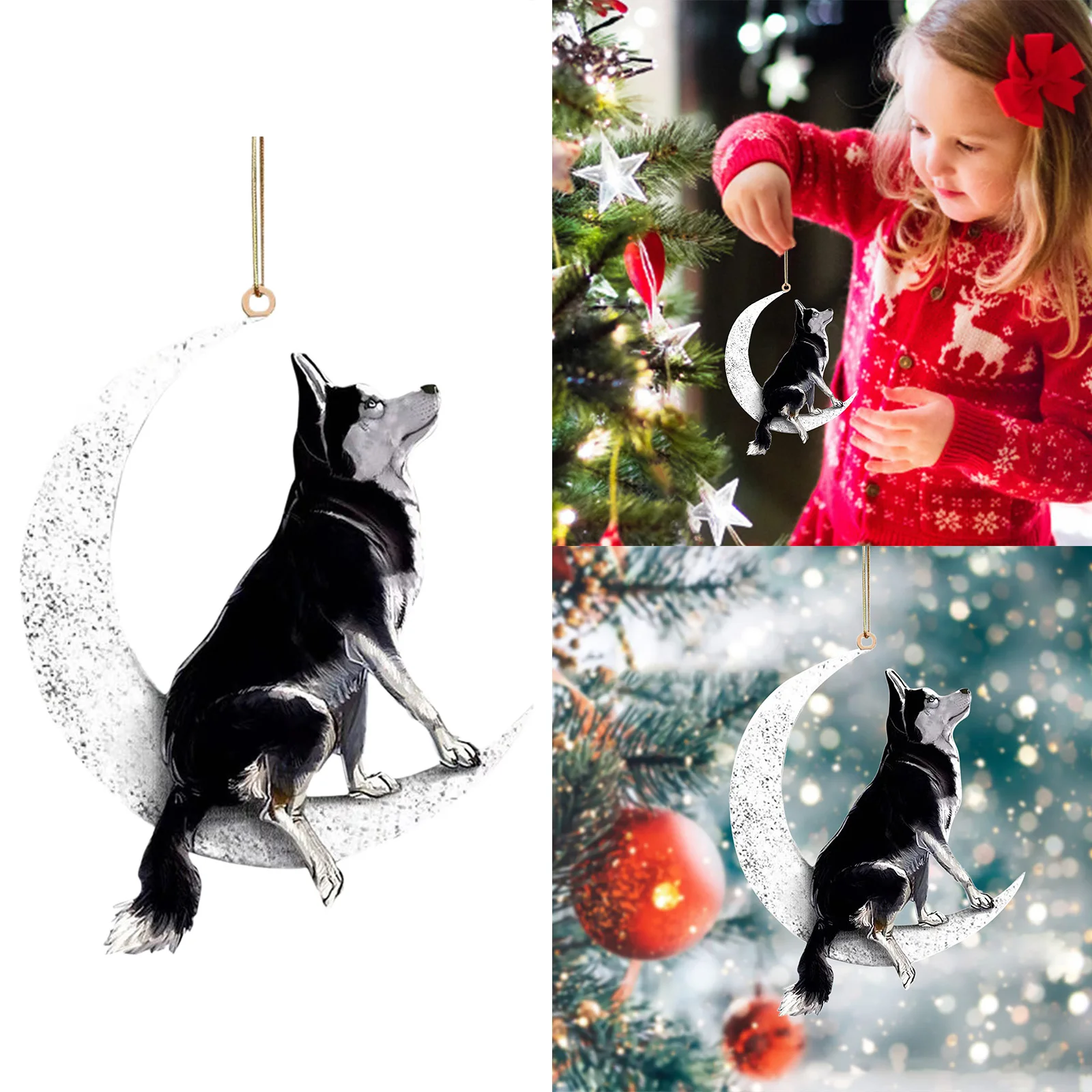 1/2/5pcs Wood Christmas Dog Sitting On The Moon Creative Pendant Decoration Black Party Supplies New Year Home Arrangement