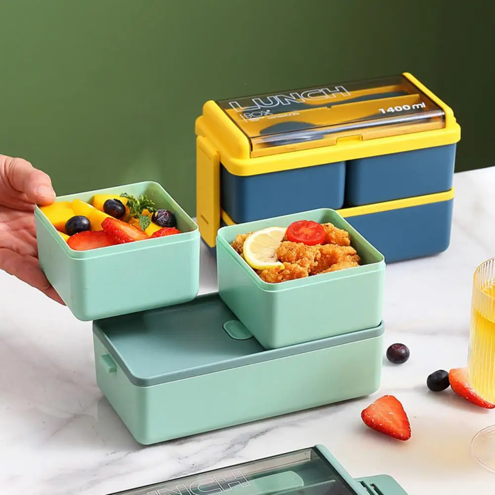 Lunch Box with Multi-layer Compartments Food Flavor Mixing Prevention Lunch Box 1400ml Double Plastic Lunch Box with Three