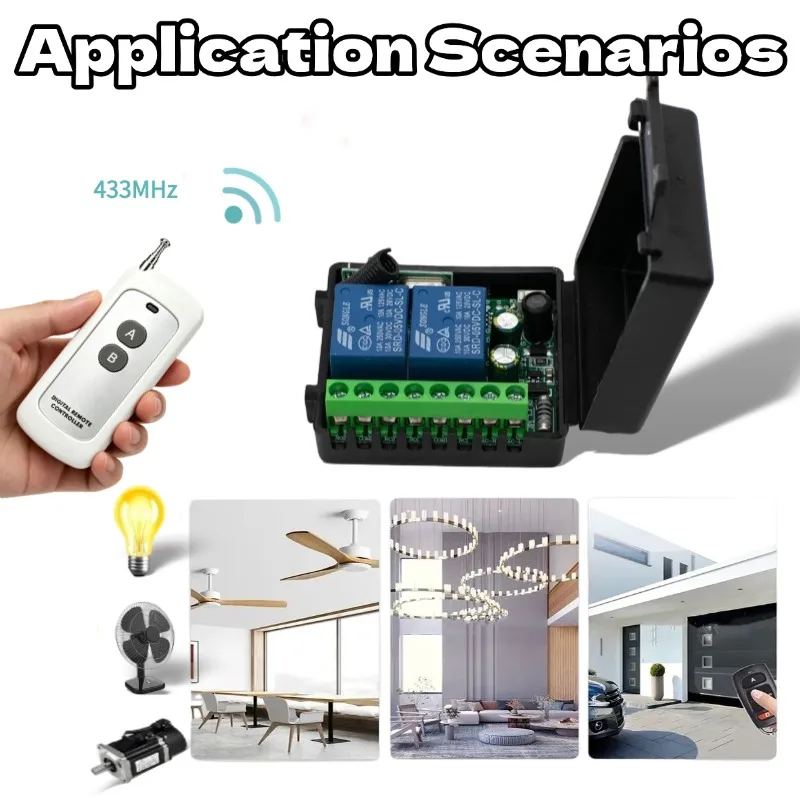 220V 110V 433Mhz 2-Channel Relay Wireless Remote Control Switch + Two Keys Remote Controls for Garage Door Lighting Curtains
