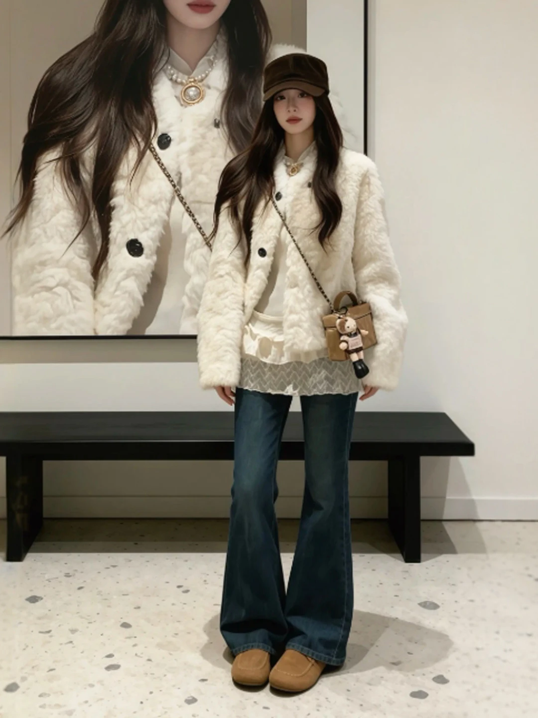 

Unique ort Lamb Fur Jaet Soft Sle Faionable Spring 2026 Women's Coat Warm Pure Color Straight Hemline Button Closure