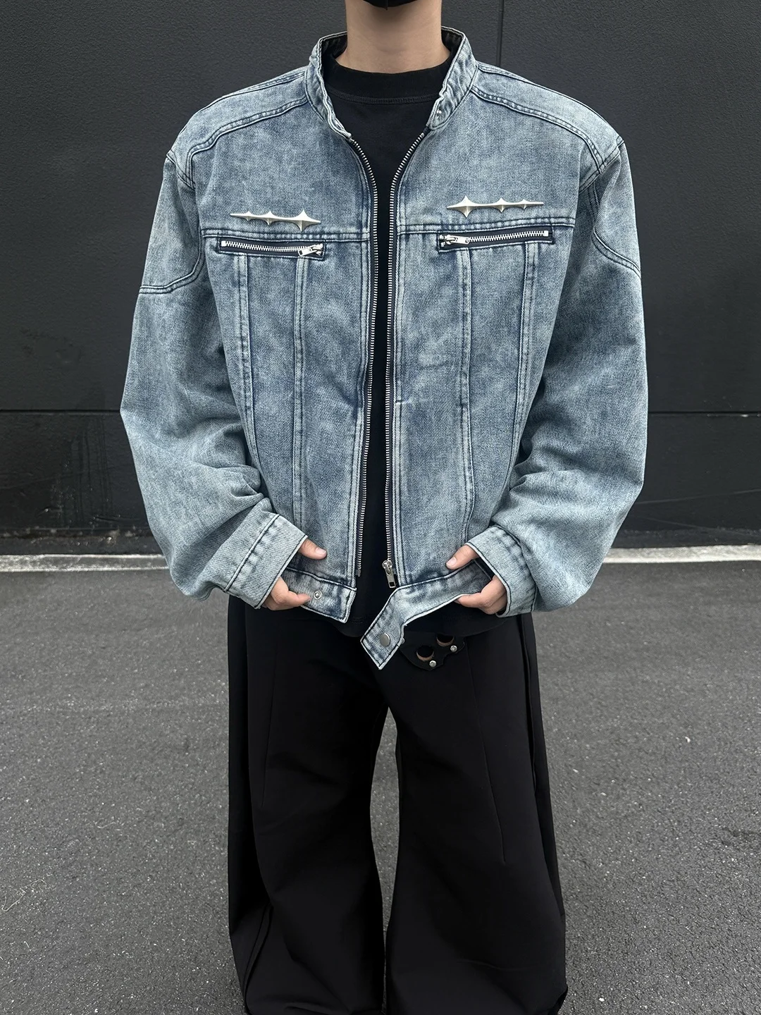 

Metal Decorated Men's Denim Jaet Trendy Vibe Deconstructed Zipper Outerwear Autumn High-End Feeling Haome Stand Collar Top